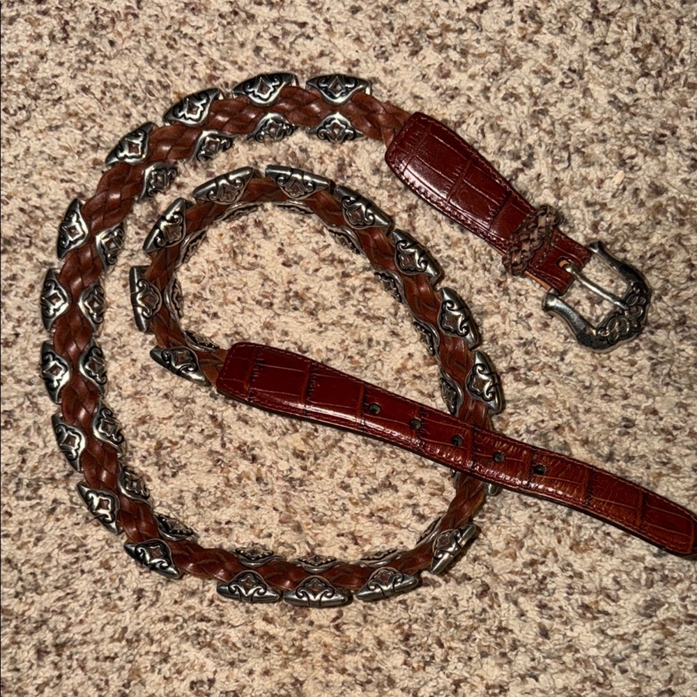 Brighton xl Braided Brown Leather Belt with Silver Accent Hardware